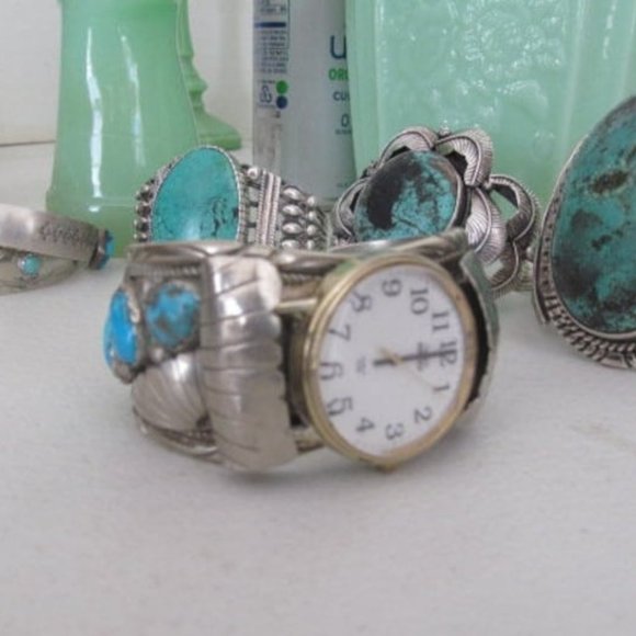 LG Navajo Turquoise Watch Cuff Bracelet Mens Watch Sterling Silver Turquoise - Picture 3 of 4